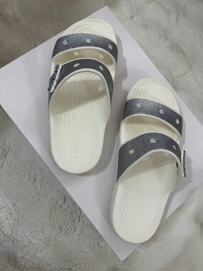 CROCS White Slides with Sparkle Gunmetal Straps